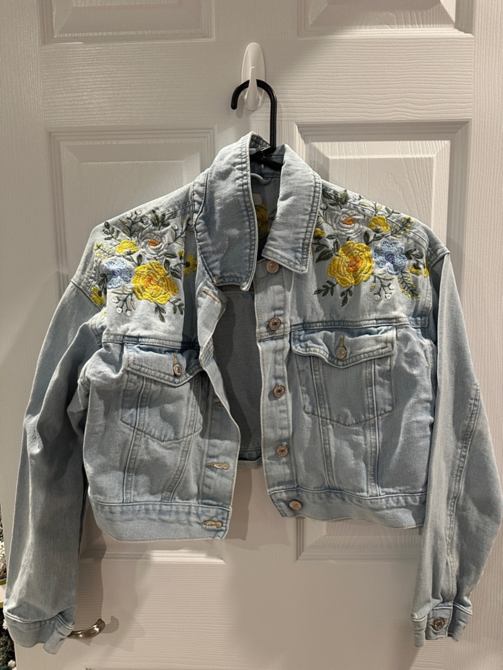 Forever 21 Light Blue Denim Jacket with Yellow & Blue Floral Embroidery